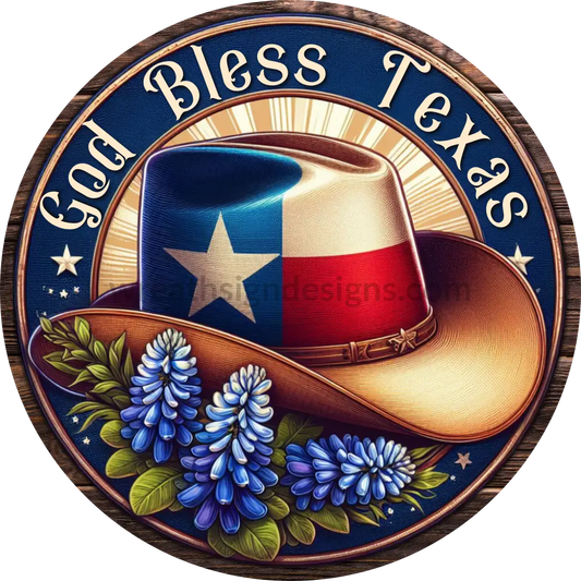 God Bless Texas Blue Bonnets Round Wreath Sign 6