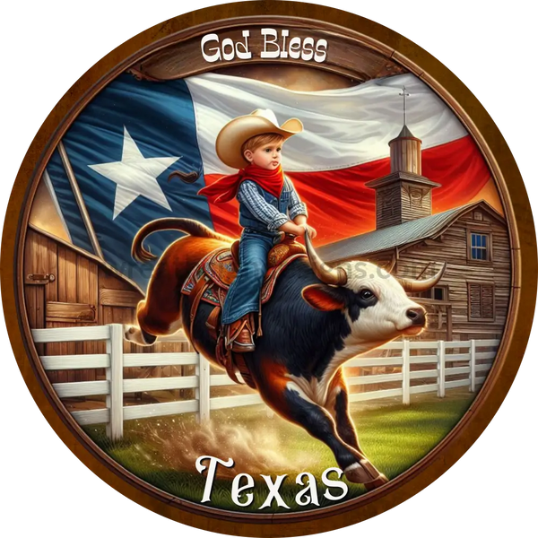 God Bless Texas Little Cowboy Round Wreath Sign 6