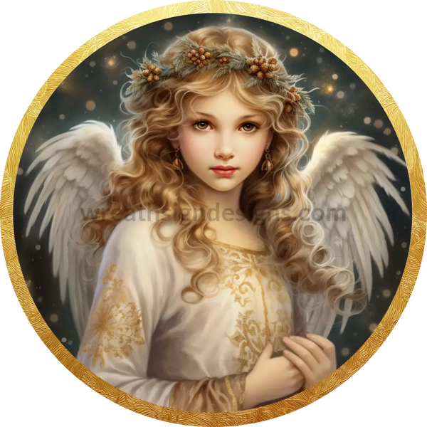 Golden Angel Blonde Hair Round Metal Wreath Sign 8 Decor