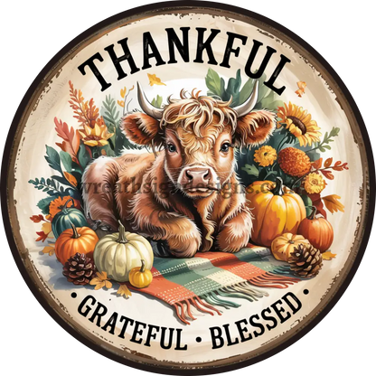 Grateful Thankful Blessed highland Cow and Pumpkins Metal Fall Wreath Sign MS-1416
