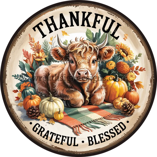 Grateful Thankful Blessed highland Cow and Pumpkins Metal Fall Wreath Sign MS-1416