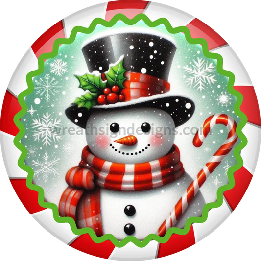 Green And Red Snowman-Round- Metal Winter Wreath Signs