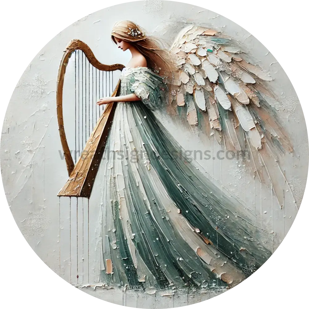 Green Angel With Harp Round Metal Wreath Sign 6’’ Decor