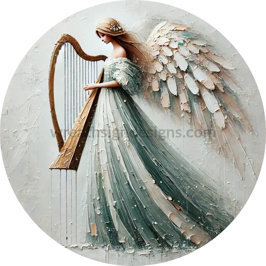 Green Angel With Harp Round Metal Wreath Sign Decor