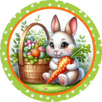 Green Orange Bunny And Basket- Round Metal Easter Wreath Sign 8