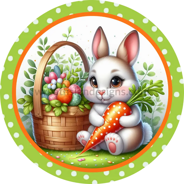 Green Orange Bunny And Basket- Round Metal Easter Wreath Sign 8