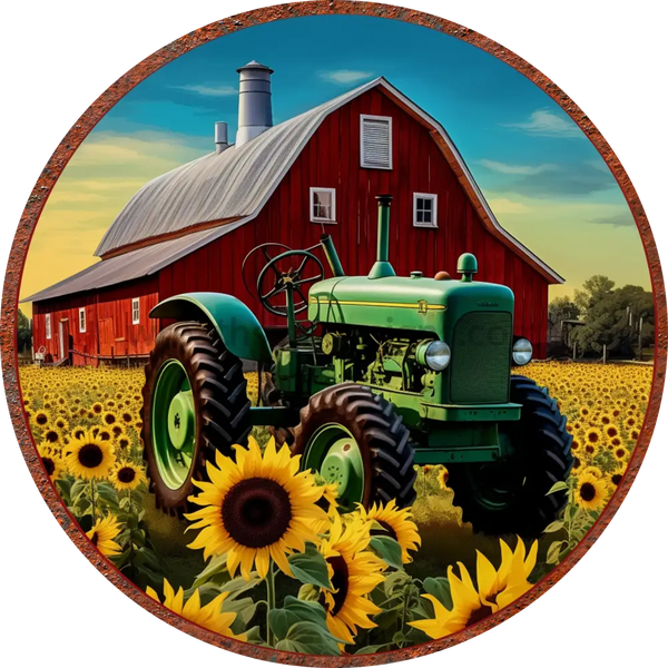 Green Tractor And Red Barn Farm With Sunflowers Metal Wreath Sign 6