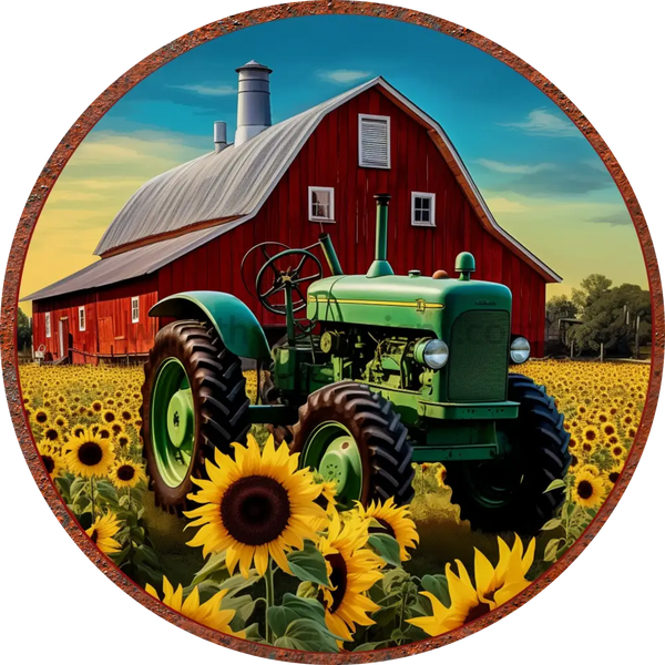 Green Tractor and Red Barn Farm with Sunflowers Metal Wreath Sign ...