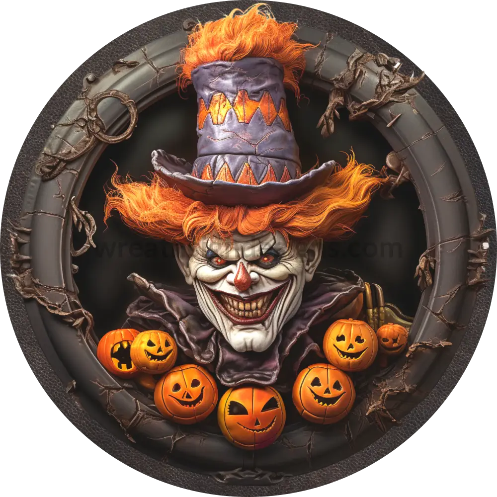 Halloween Clown With Orange Hair And Jackolanterns-Halloween Metal Wreath Sign 8 Circle