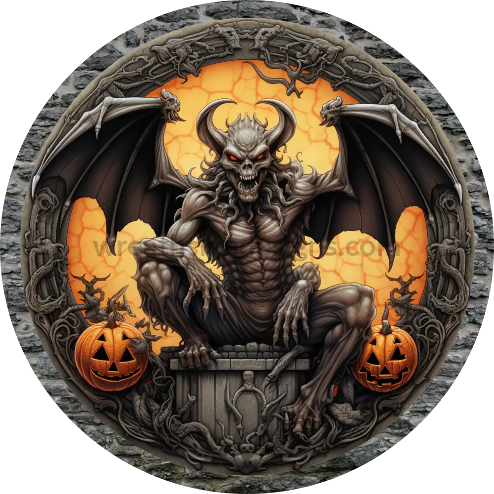 Halloween Gargoyle And Jack O Lanterns-Halloween Metal Wreath Sign 8 Circle