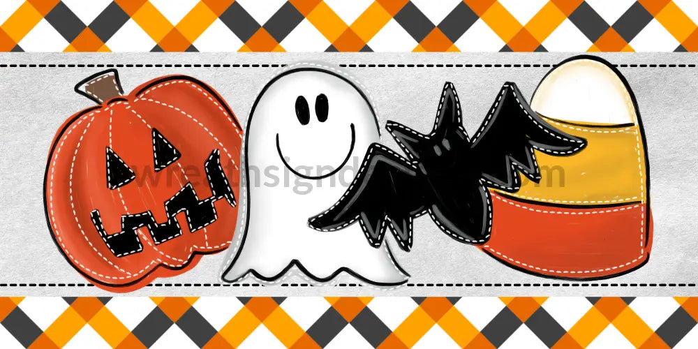 Halloween Jack O Lantern Bat Ghost Candy Corn Metal Wreath Sign12X6