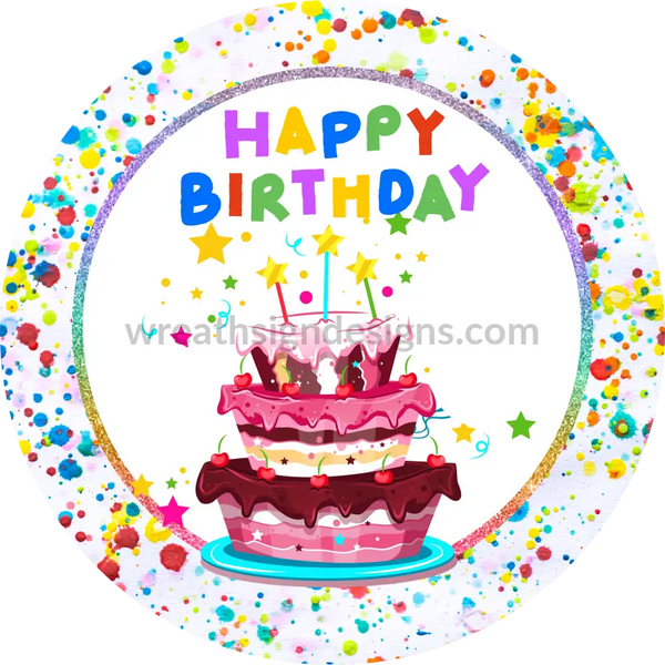 Happy Birthday Cake And Confetti Round Metal Sign 6