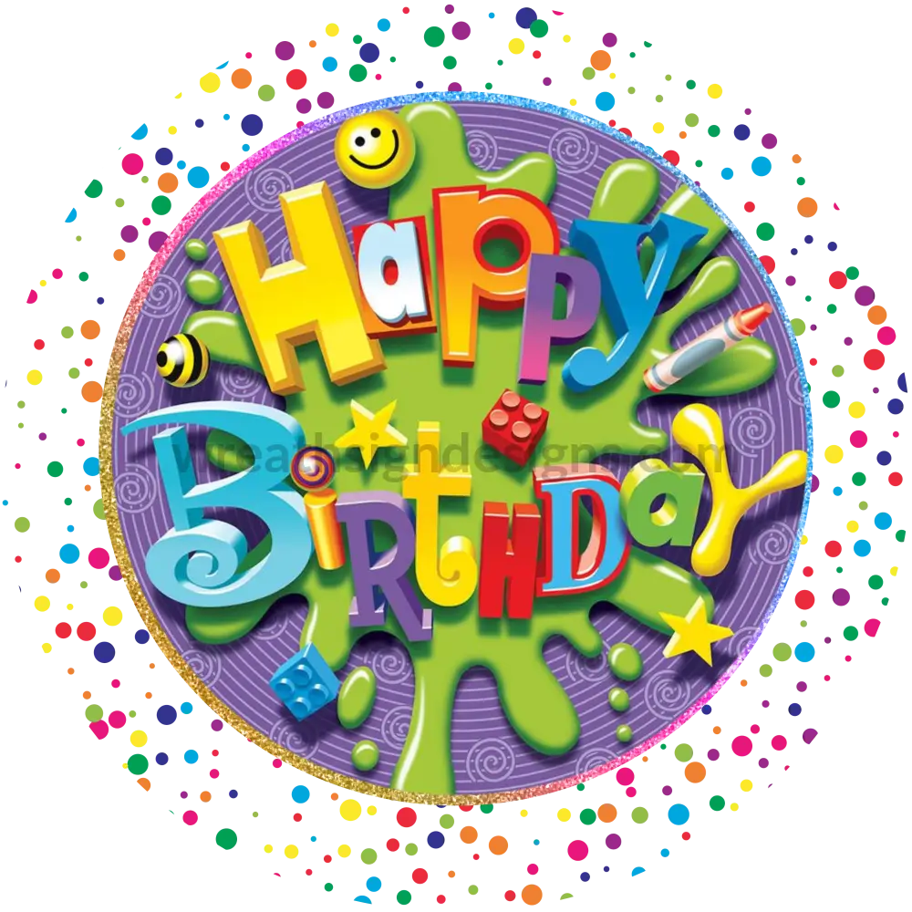 Happy Birthday Purple And Confetti Round Metal Sign