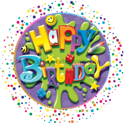 Happy Birthday Purple And Confetti Round Metal Sign