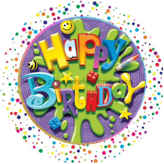 Happy Birthday Purple And Confetti Round Metal Sign