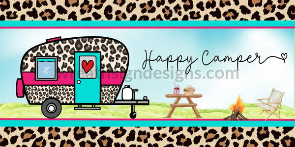 Happy Camper Leopard Pink And Teal 12X6 Metal Wreath Sign