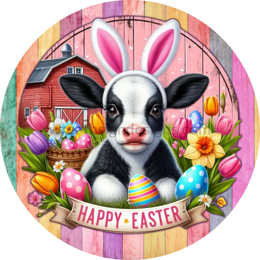 Happy Easter Baby Cow With Tulips And Daffodils- Metal Wreath Sign 6