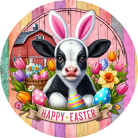 Happy Easter Baby Cow With Tulips And Daffodils- Metal Wreath Sign 6