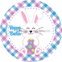 Happy Easter Bunny And Egg Purple Blue Plaid- Metal Wreath Sign 8