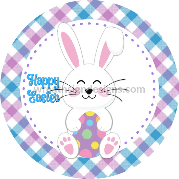 Happy Easter Bunny And Egg Purple Blue Plaid- Metal Wreath Sign 8