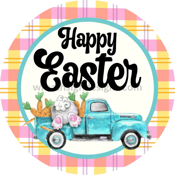 Happy Easter Bunny Truck Circle With Pink And Orange Plaid-Metal Sign 8
