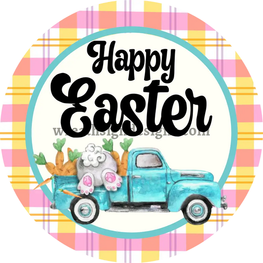 Happy Easter Bunny Truck Circle With Pink And Orange Plaid-Metal Sign 8