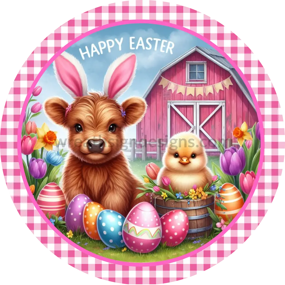 Happy Easter Highland Cow And Baby Chick- Metal Wreath Sign 6’’