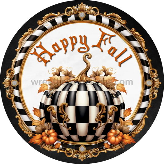 Happy Fall Black And White Checkered Pumpkin Wreath Sign 6