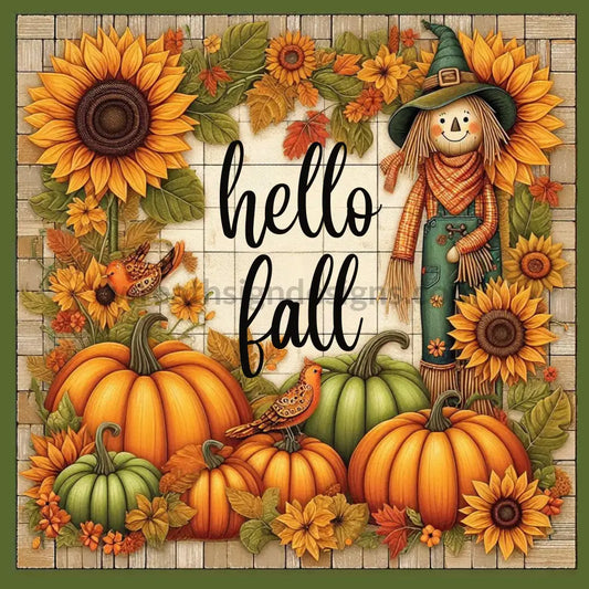 square aluminum wreath sign with a cute scarecrow  pumpkins sunflowers and fall birds with the words "Hello Fall"