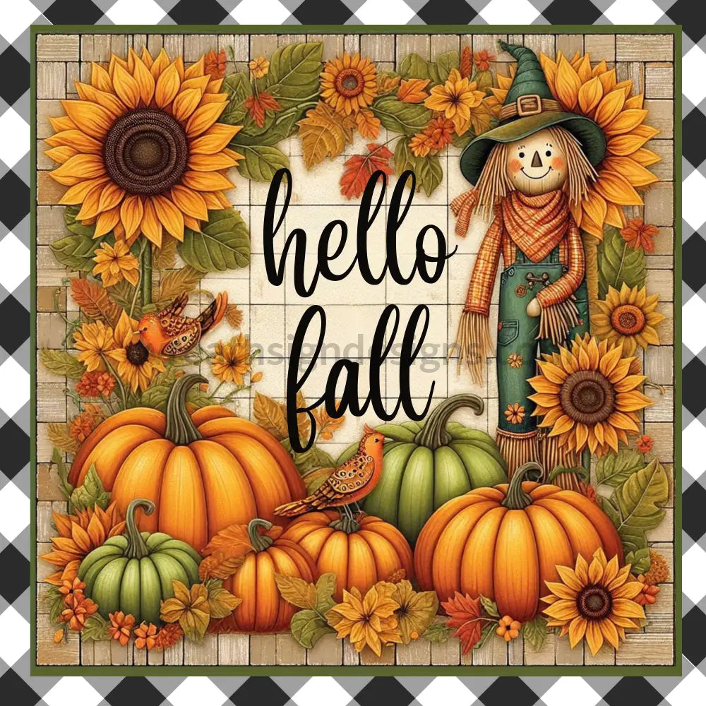 Happy Fall Pumpkin & Sunflower Scarecrow With Black And White Plaid Border Metal Wreath Sign