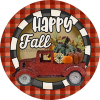 Happy Fall Rusty Vintage Truck With Pumpkins-Rusty Plaid Circle Metal Wreath Sign 8