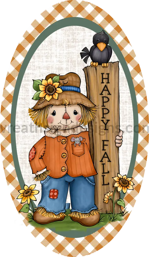 Happy Fall Scarecrow And Crow Oval Wreath Sign (Copy) 12X6 Metal Sign