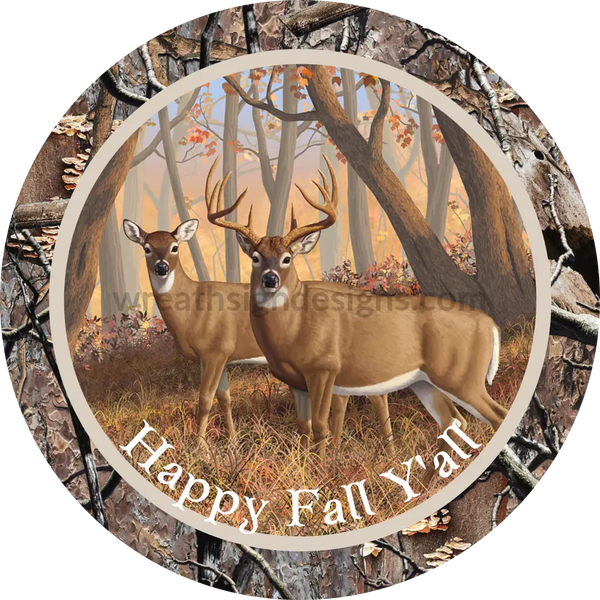 Happy Fall Yall Deer- Buck And Doe-Hunting Round Metal Wreath Sign 6