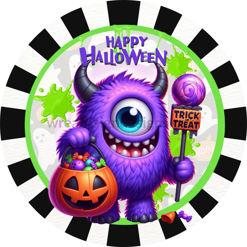 Happy Halloween Cute Purple Monster Metal Wreath Sign Round