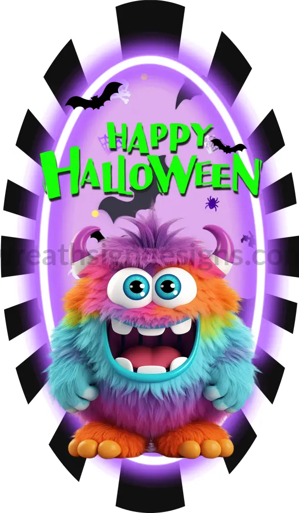 Happy Halloween Rainbow Fuzzy Monster 12X7 Oval -Halloween Metal Wreath Sign 12X6 Metal Sign