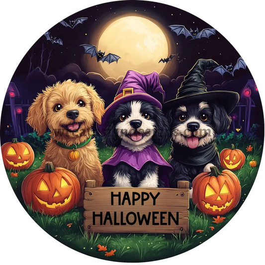 Happy Halloween Dog Pet Trick or Treat Halloween Wreath Metal Sign -MS-1244
