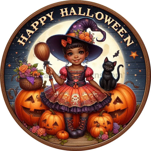 Happy Halloween Little Witch Metal Wreath Sign- Circle