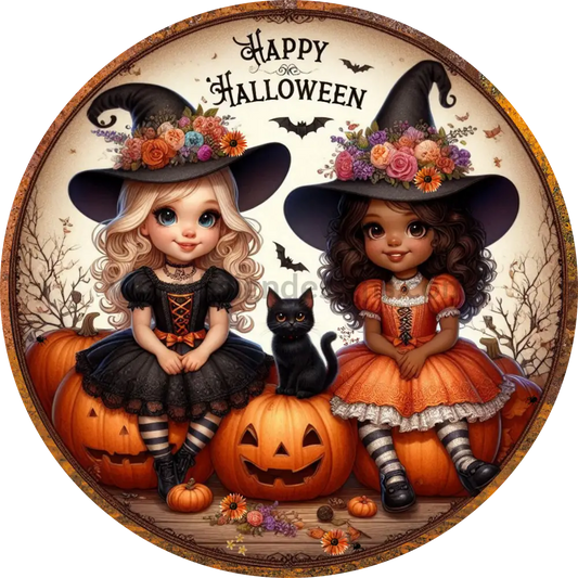 Happy Halloween Little Witches Metal Wreath Sign