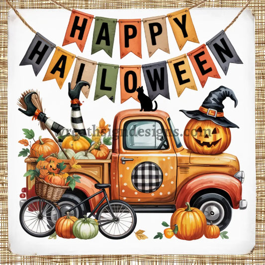 Happy Halloween Vintage Truck Witch legs and Jack o Lantern Wreath Sign MS-1328 8’’