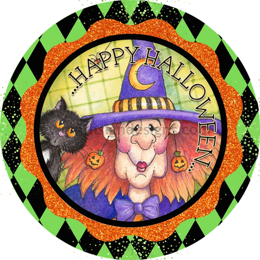 Happy Halloween Witch And Black Cat- Halloween- Metal Sign 8 Circle