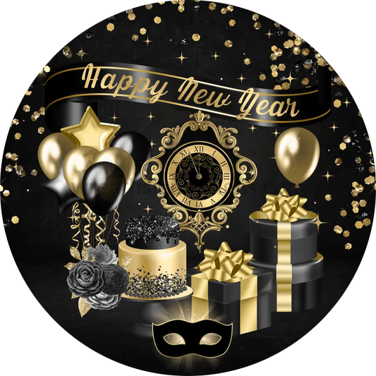 Happy New Year Celebration Black And Gold Metal Wreath Sign 8