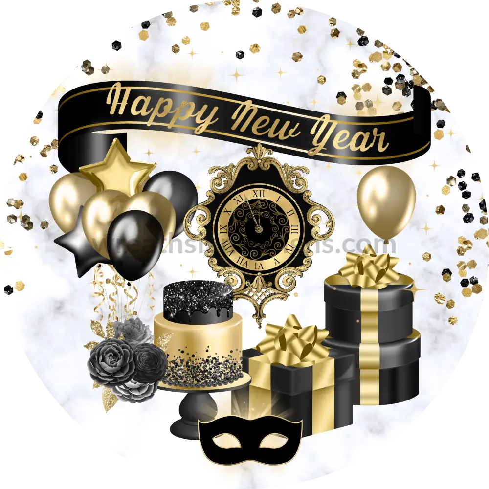 Happy New Year Celebration Black And Gold On White Metal Wreath Sign 8