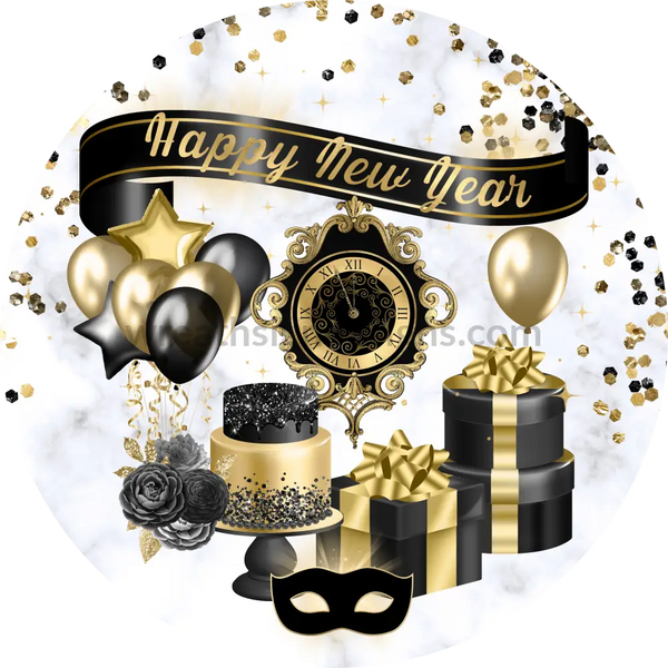 Happy New Year Celebration Black And Gold On White Metal Wreath Sign 8