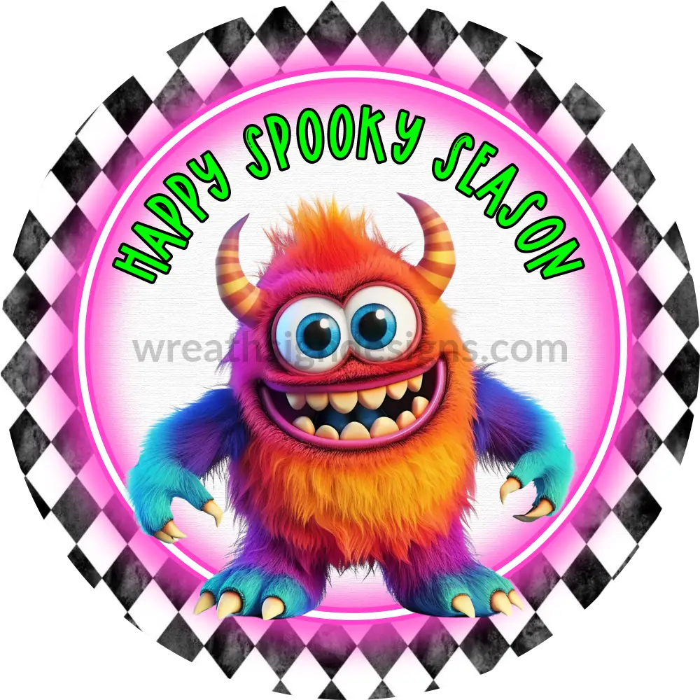 Happy Spooky Season Cute Rainbow Monster Halloween Metal Wreath Sign Round 11.75’