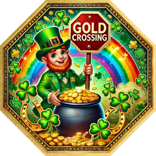 Happy St Patricks Day Green Plaid Pot Of Gold- Octagon Metal Sign 12’’ (Two Pre-Punched Holes