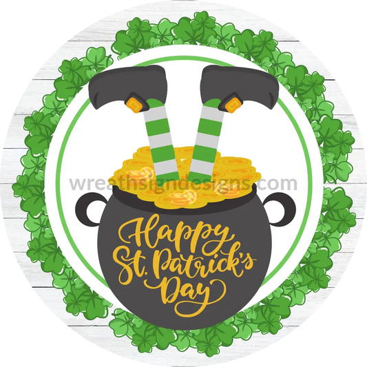 Happy St Patricks Day Leprechaun Pot Of Gold- Round Metal Sign 6