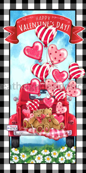 Happy Valentines Day Teddy Bear Truck 12X6- Metal Wreath Sign