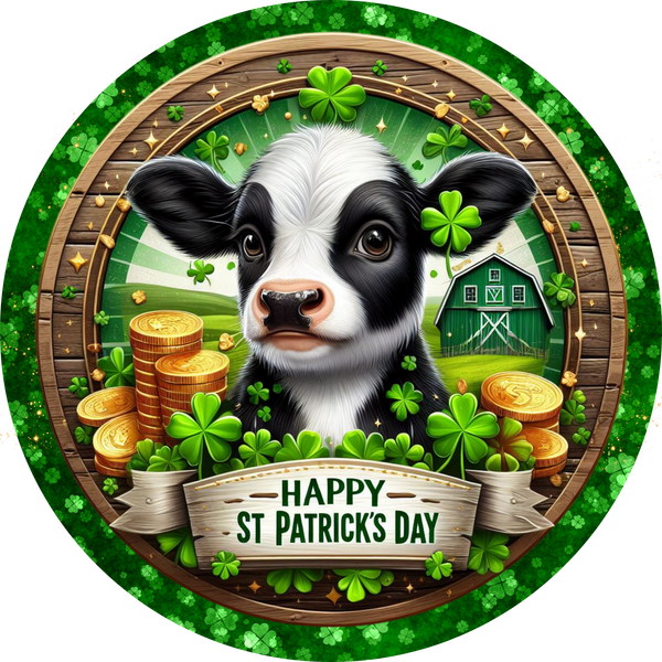 Happy St Patricks Day  Cow Round Metal Sign