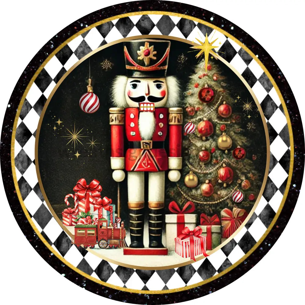 Harlequin Nutcracker Christmas Round Wreath Sign 11.75’’