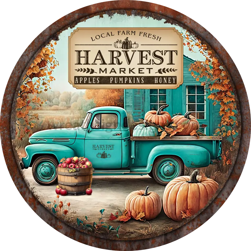 Harvest Market Vintage Teal Pumpkin Truck Metal Wreath Sign 8